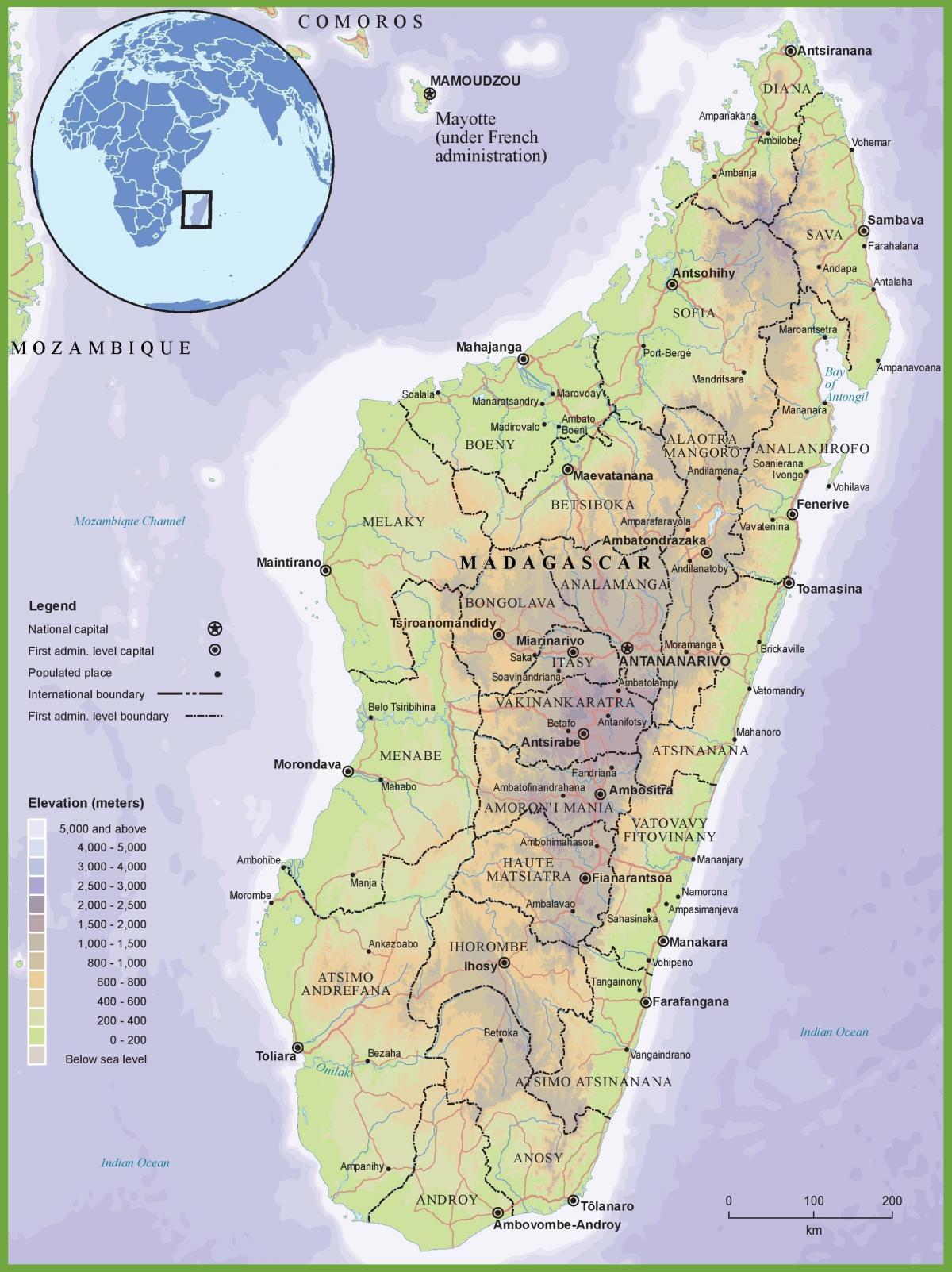 karta fizička karta Madagaskar