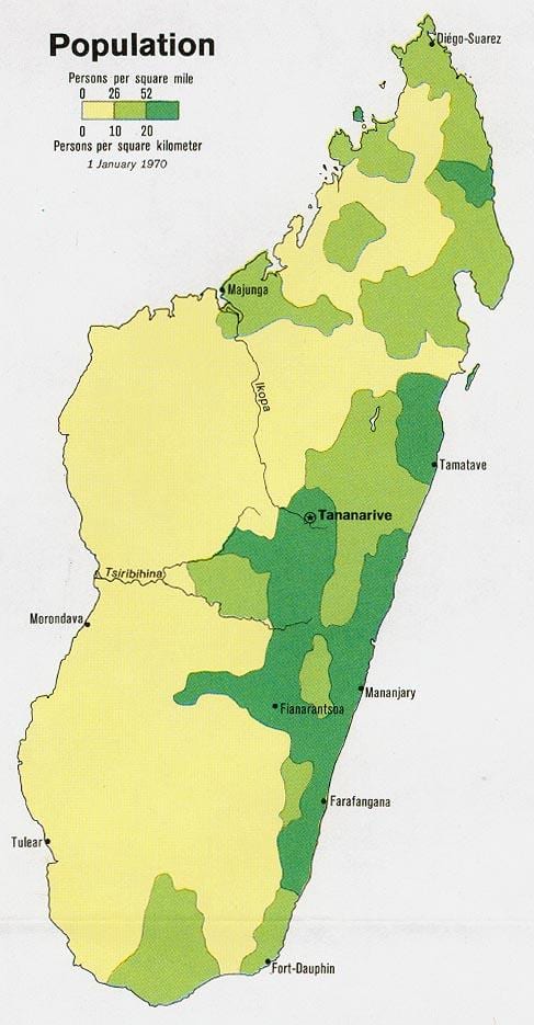 Madagaskar kartu gustoće stanovništva 